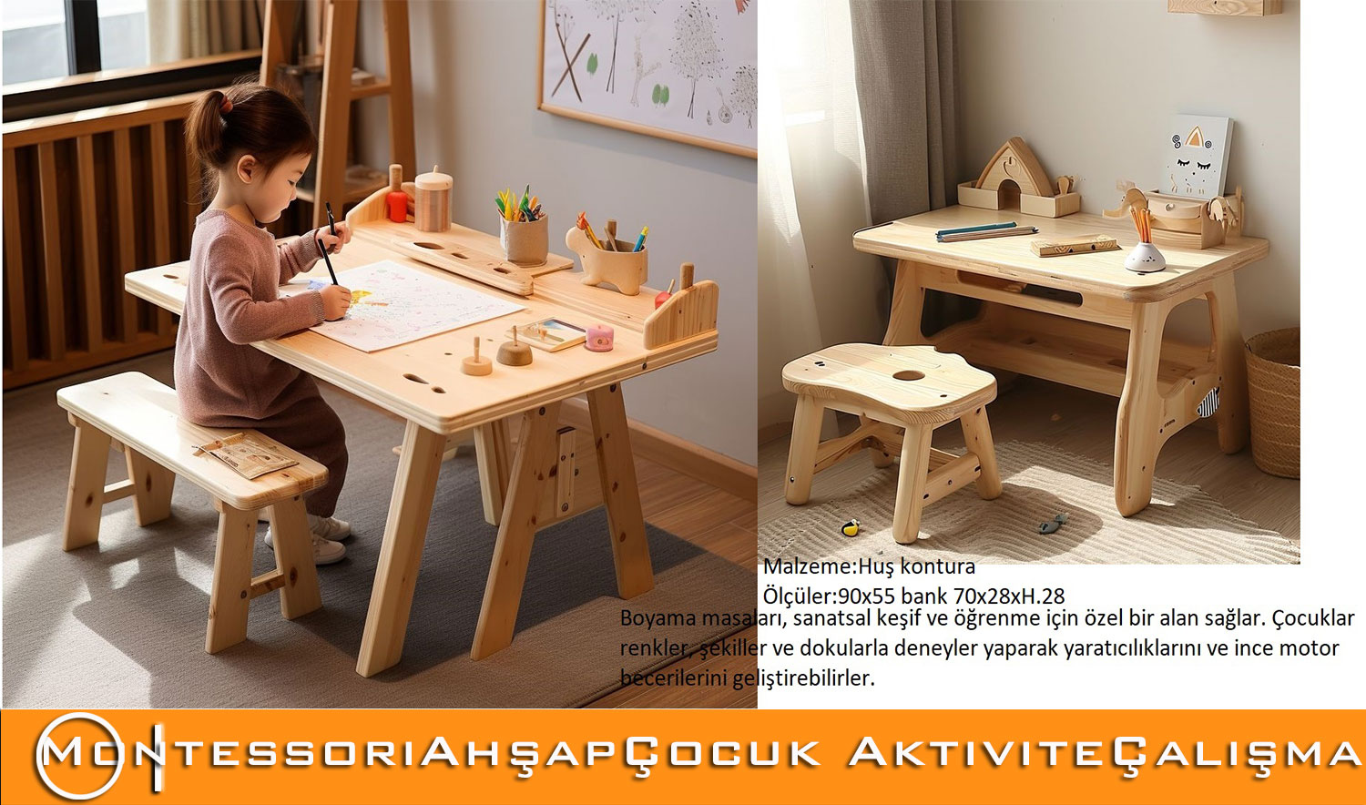 Montessori Ahşap Çocuk Aktivite ve Çalışma Masası